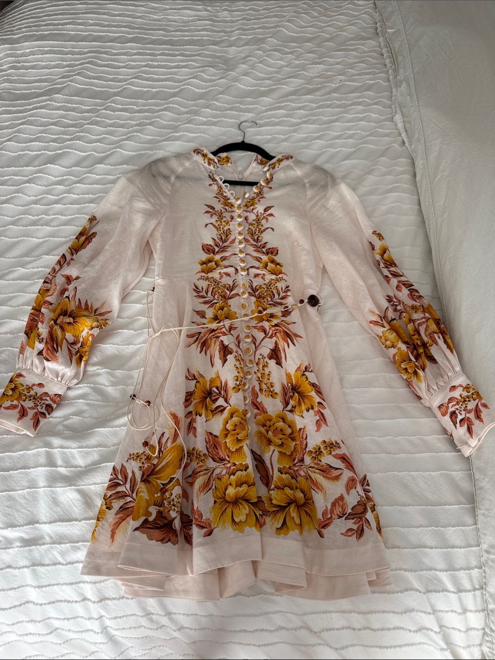 Zimmermann Floral Long-Sleeve Mini Dress in Blush with belt